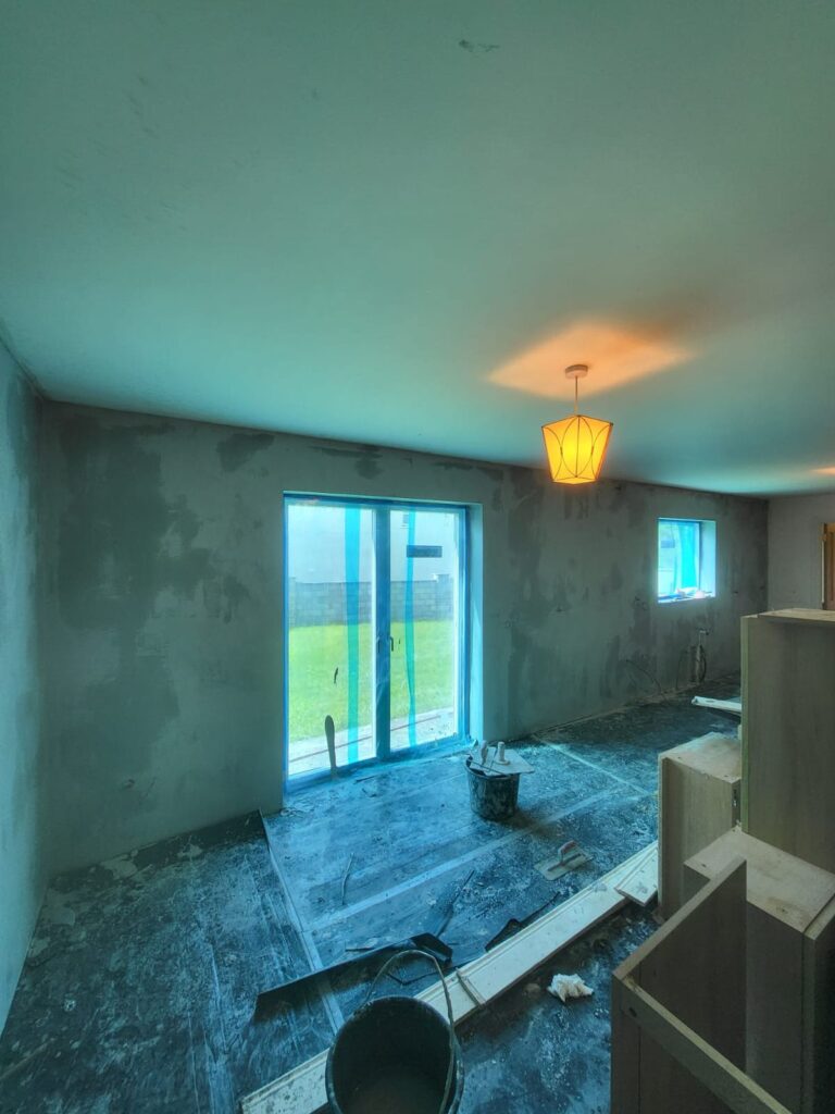Kitchen extension walls patched and ready for skimming